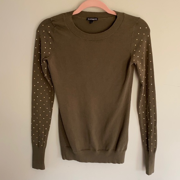 Express Sweaters - Express Rhinestone Crew Neck Sweater - Green - XS